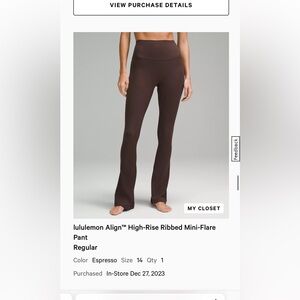 Used Lululemon Align High Rise Ribbed Mini-Flare Pant Sz 14 Espresso